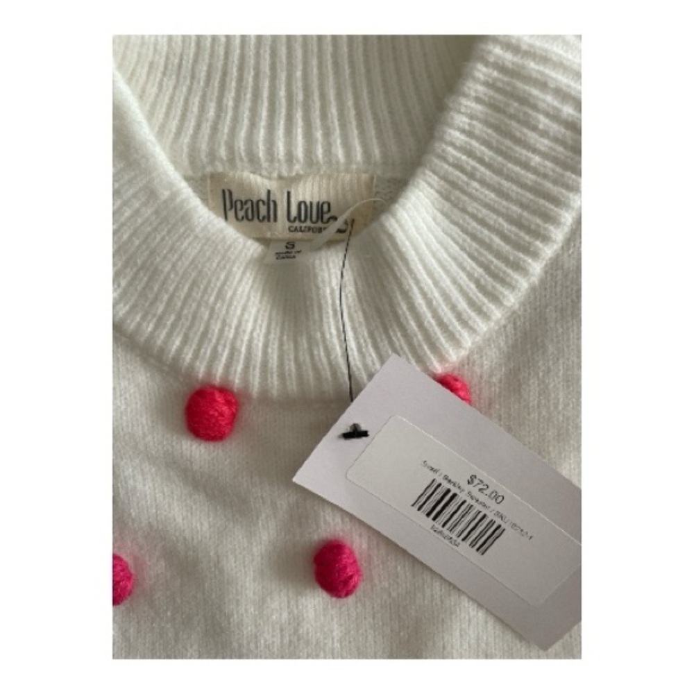 Peach Love California White Berkley Short Sleeve Sweater w/ Pom Pom  Size Small - Picture 3 of 5